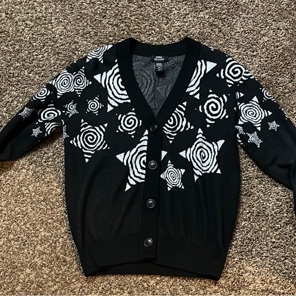 Black and White Embroidered Cardigan Sweater